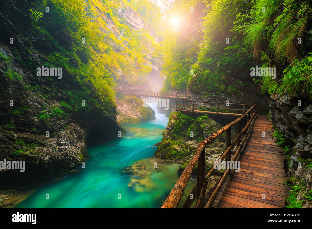 Bekannte und beliebte touristische Attraktion in der Nähe von Bled. Malerische Schlucht Vintgar mit Holzsteg und smaragdgrünen Farbe radovna River, in der Nähe von Bled, Gorje, Stockfoto