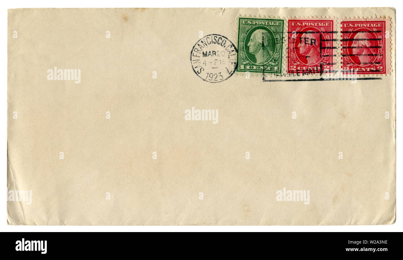 San Francisco, Kalifornien, USA - 20. März 1923: Uns historische Umschlag: Abdeckung mit rot-grünen Briefmarken, eins + zwei Cent George Washington Stockfoto