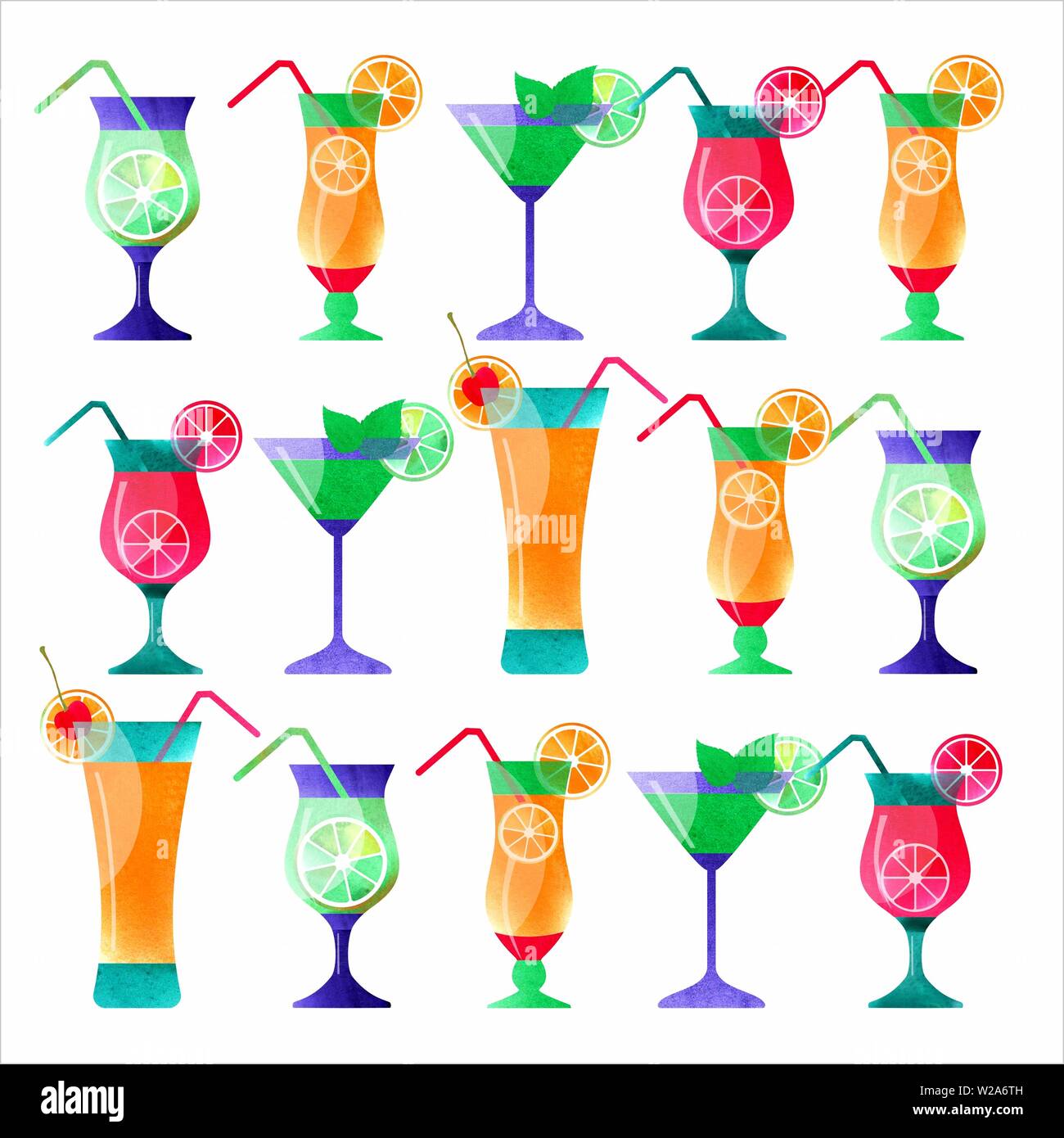 Abbildung: Cocktail Hand gezeichnet, dekorative Symbole gesetzt. Aquarell Effekte. Cocktail Party Stockfoto