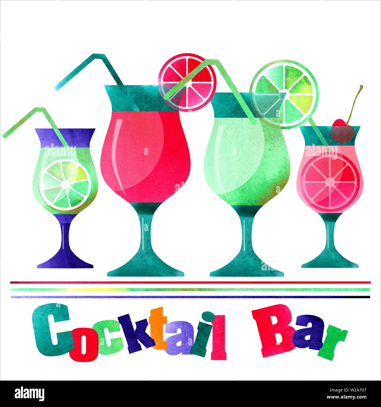 Abbildung: Cocktail Hand gezeichnet, dekorative Symbole gesetzt. Aquarell Effekte. Cocktail Party Stockfoto