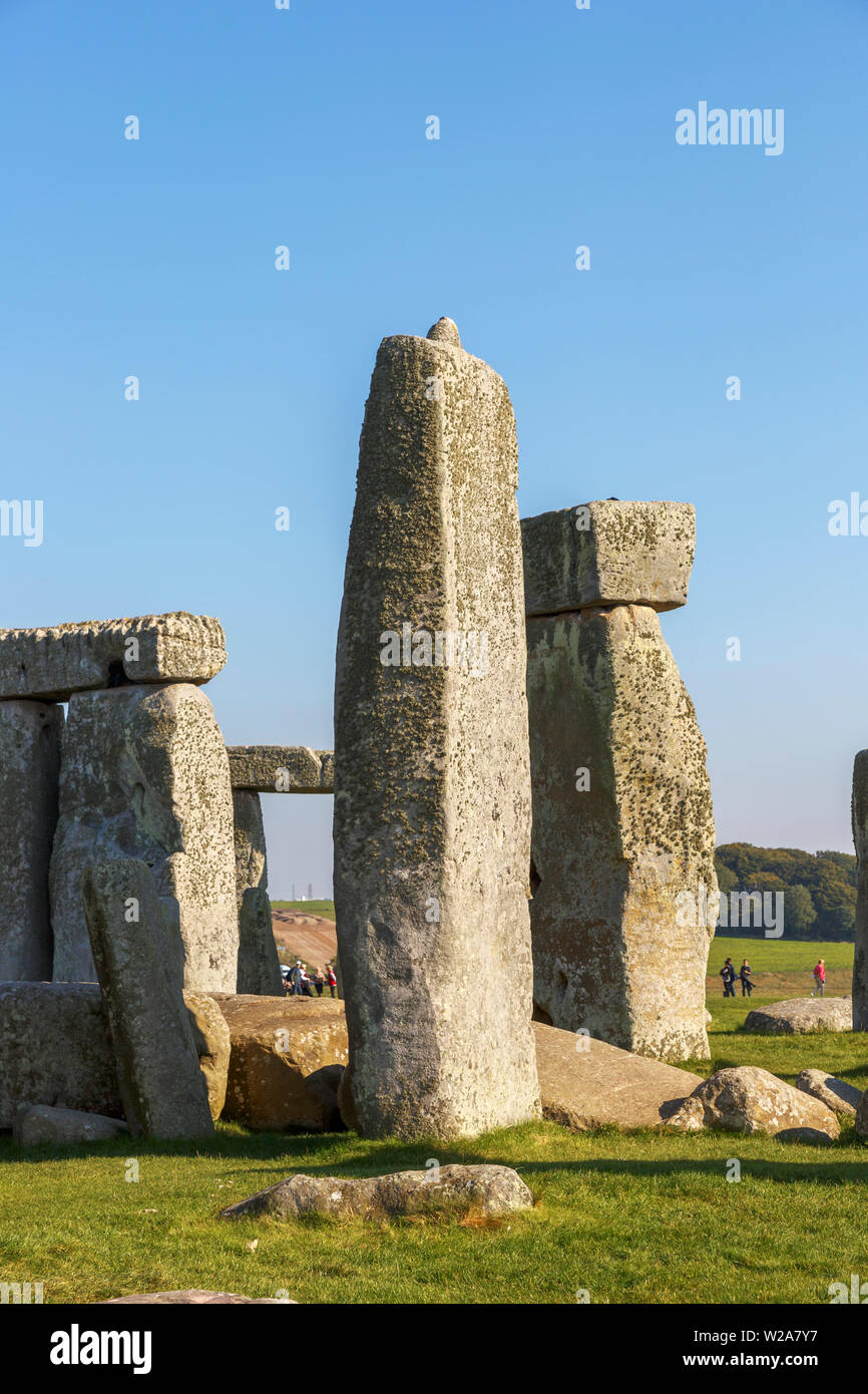 Anzeigen von ikonischen Stonehenge mit riesigen so stehende Steine, der bronzezeit Stone Temple touristische Attraktion, Salisbury, Wiltshire, England SW Stockfoto