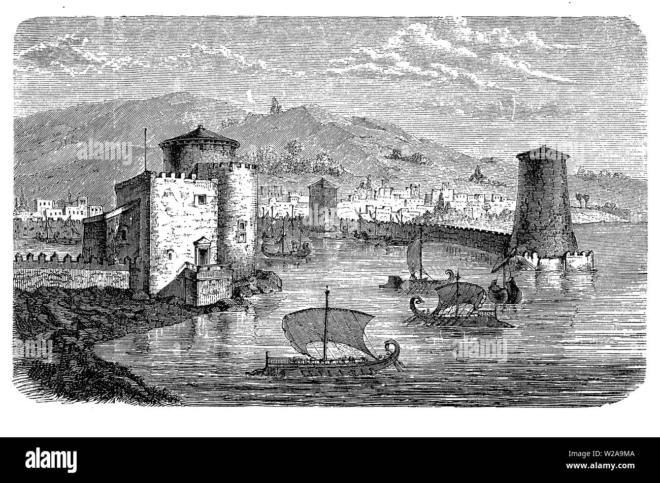 Antike: alten mediterranen Hafen mit Festung und Schiffe Stockfoto