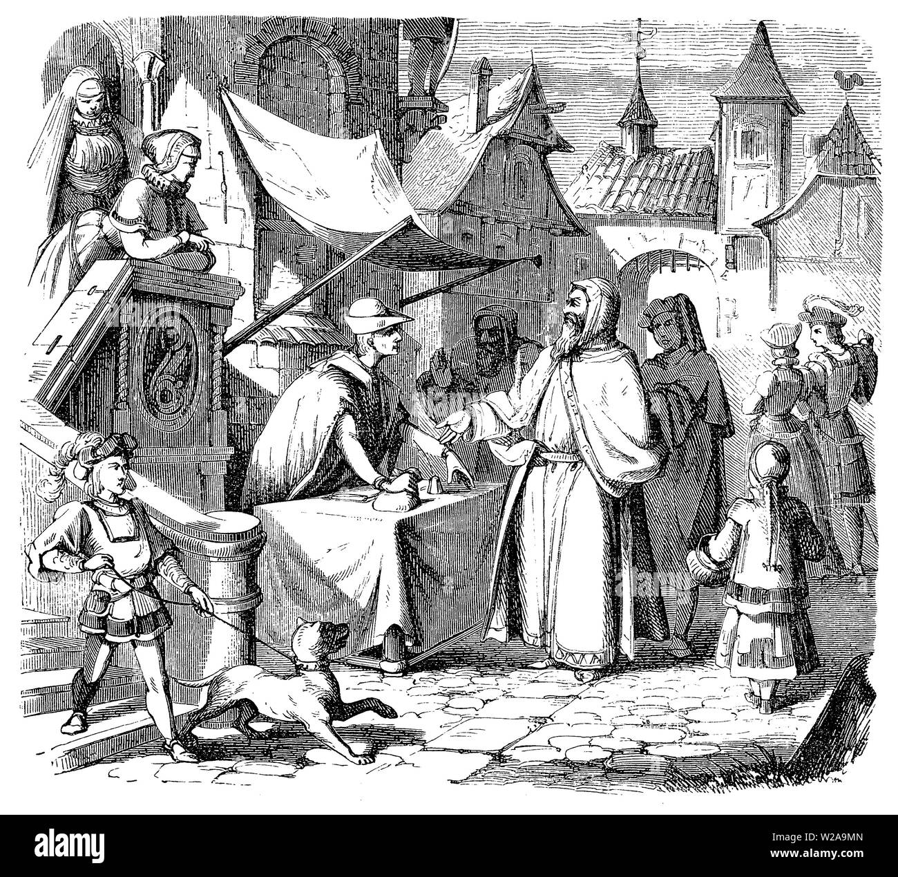 Mittelalterliche Stadt Szene, ein Jude Kaufmann Reisenden an der Geldwechsel Abschaltdruck Stockfoto