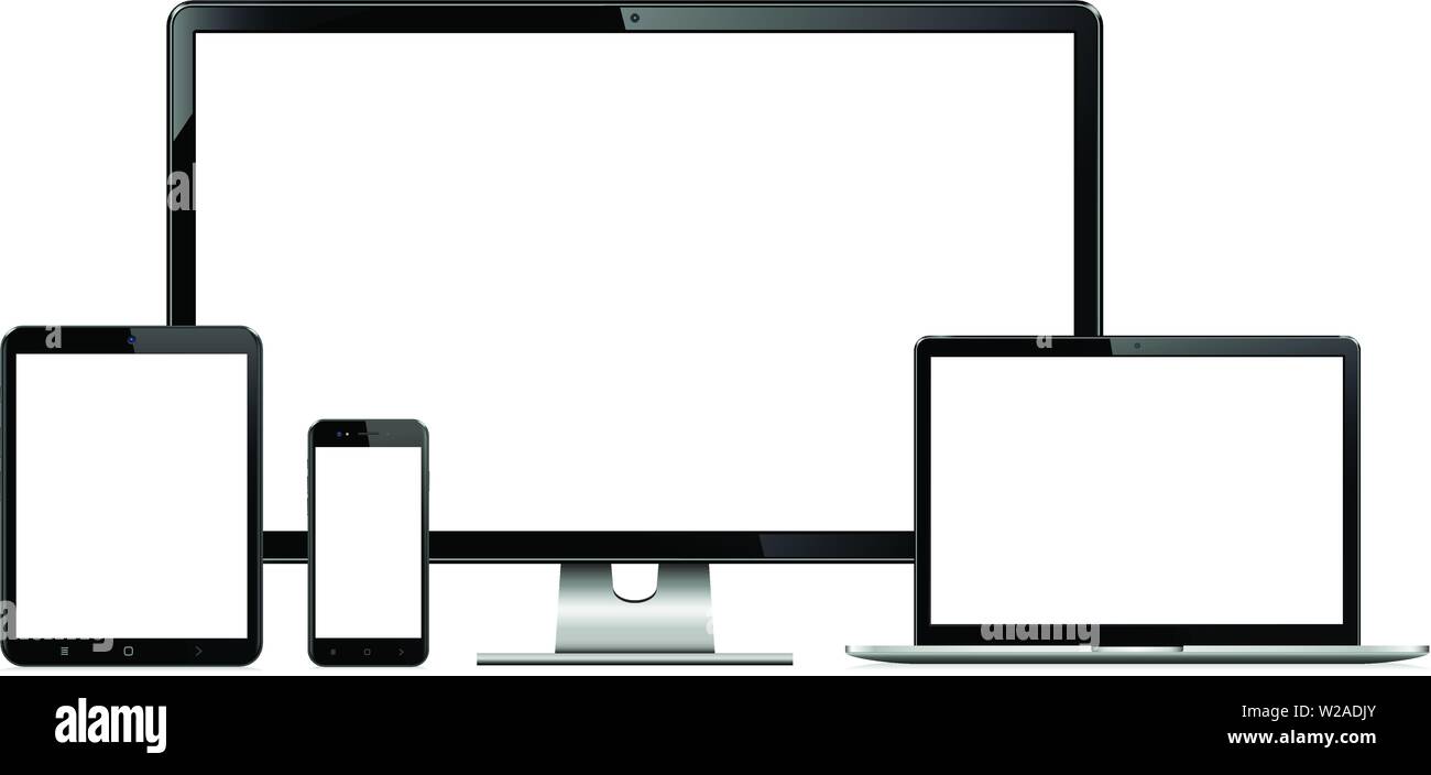 Hohe Qualität Abbildung der modernen Technik Geräte - Computer, Monitor, Laptop, Tablet-PC und Handy mit leerer Bildschirm Stock Vektor