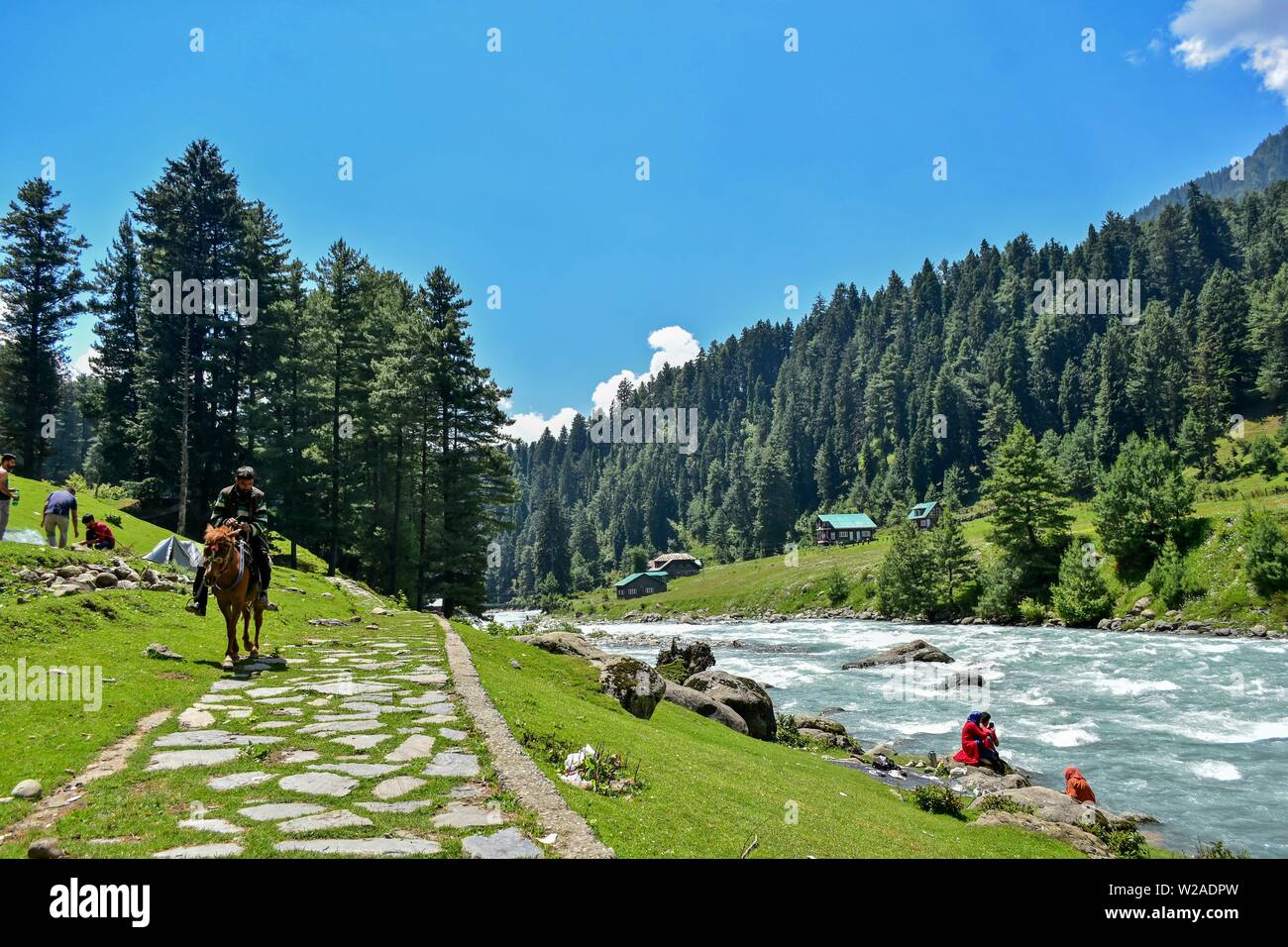 Kaschmir, Indien. 07 Juli, 2019. Ein Mann reitet ein Pferd in der Nähe des Flusses an einem sonnigen Sommertag in Pahalgam, rund 110 km südlich von Srinagar, die Hauptstadt von Jammu und Kaschmir. Das Kaschmir-tal angenehmes Wetter aufgrund häufiger vor - Monsunregen erlebt, eine Hohe von 31,5 Grad Celsius am Sonntag aufgezeichnet. Der Wetterfrosch hat vor allem trockenes Wetter während der nächsten 24 Stunden prognostiziert. Credit: ZUMA Press, Inc./Alamy leben Nachrichten Stockfoto