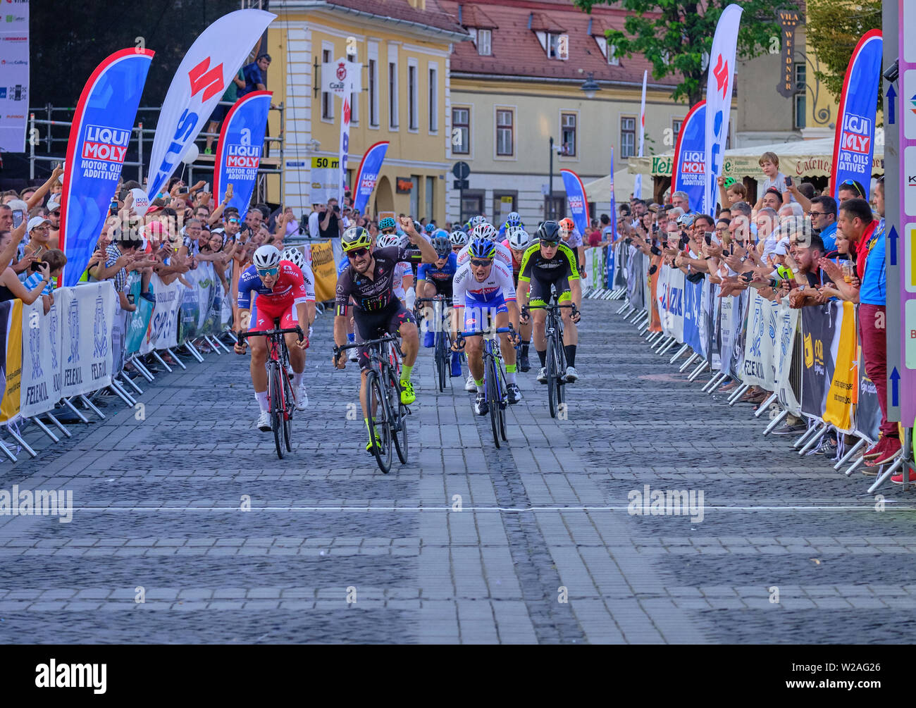 Riccardo Stacchiotti (Team Giotti Victoria-Palomar) Überqueren der Ziellinie erste der 4. Phase der Radtour Sibiu, Rumänien, 7. Juli 2019 Stockfoto