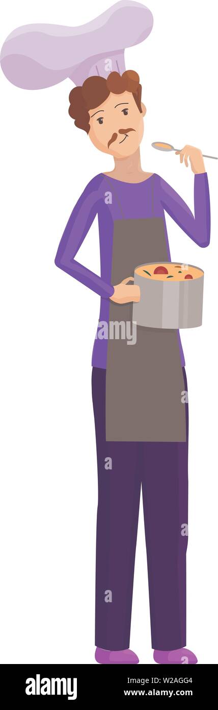 Küchenchef hält einen Topf Suppe und schmeckt es. Vector Illustration. Stock Vektor