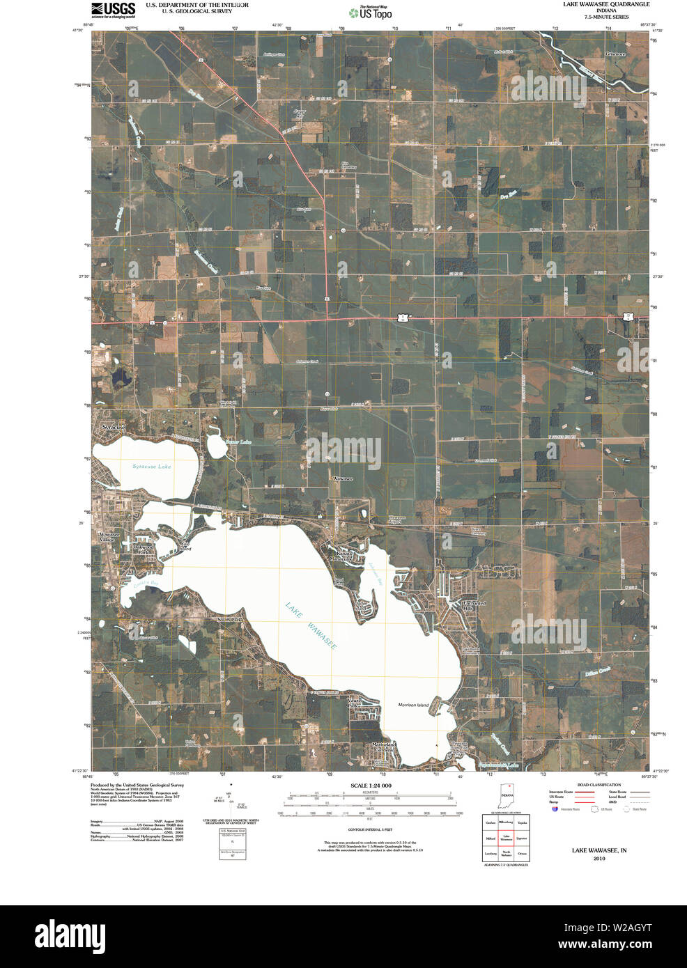 USGS TOPO Karte Indiana im Lake Wawasee 20100514 TM Wiederherstellung Stockfoto