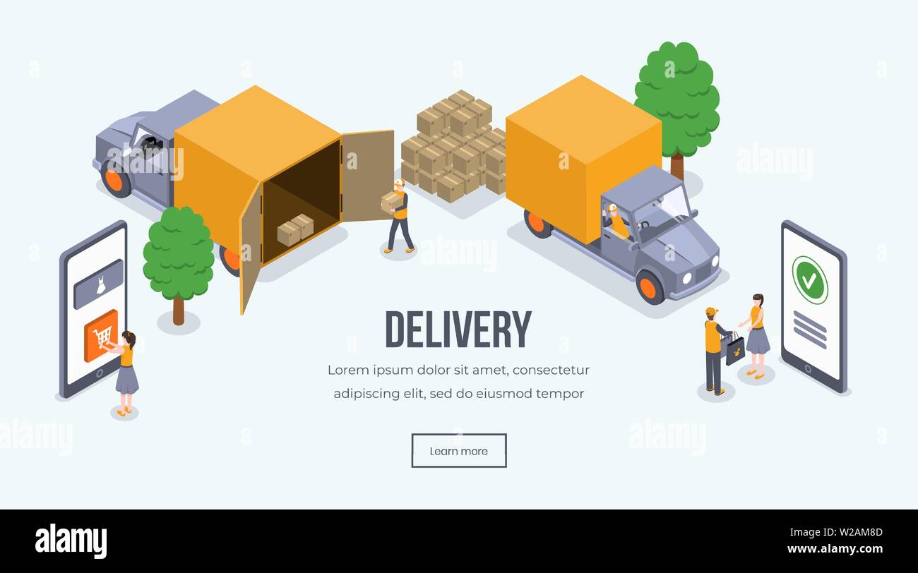Lieferung isometrische landing page Vektor Vorlage. Online Shopping, Bestellung und Lieferung, Beladen website Layout. Liefer- Fahrzeug, Kurier Paket zur 3d-Konzept Stock Vektor