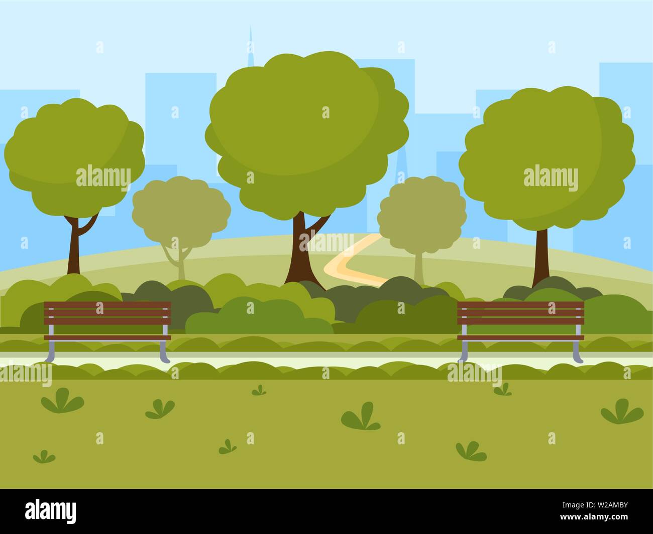 Stadt park flat Vector Illustration. Outdoor Freizeitaktivitäten auf Natur öffentlichen Ort, grünen Bäumen, Holzbänken und modernen Gebäuden Silhouetten Landschaft. Freizeit städtischen Park Cartoon in der Farbe der Zeichnung Stock Vektor