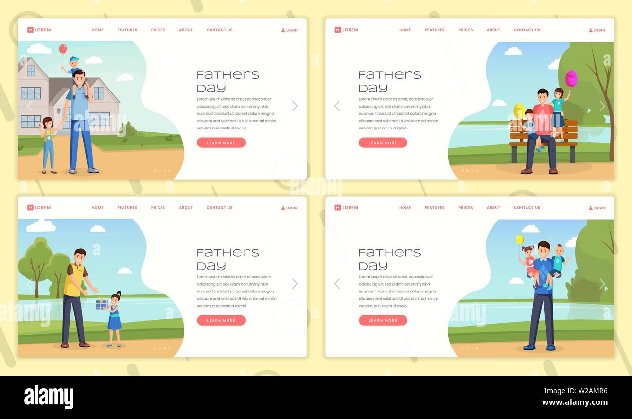 Vater tag Landing Pages Vorlage festlegen. Eltern Urlaub Homepage Schnittstelle Idee mit Väter und Kinder Illustrationen. Jährliche Familie Veranstaltung feier Web Banner, Webseite cartoon Konzepte pack Stock Vektor