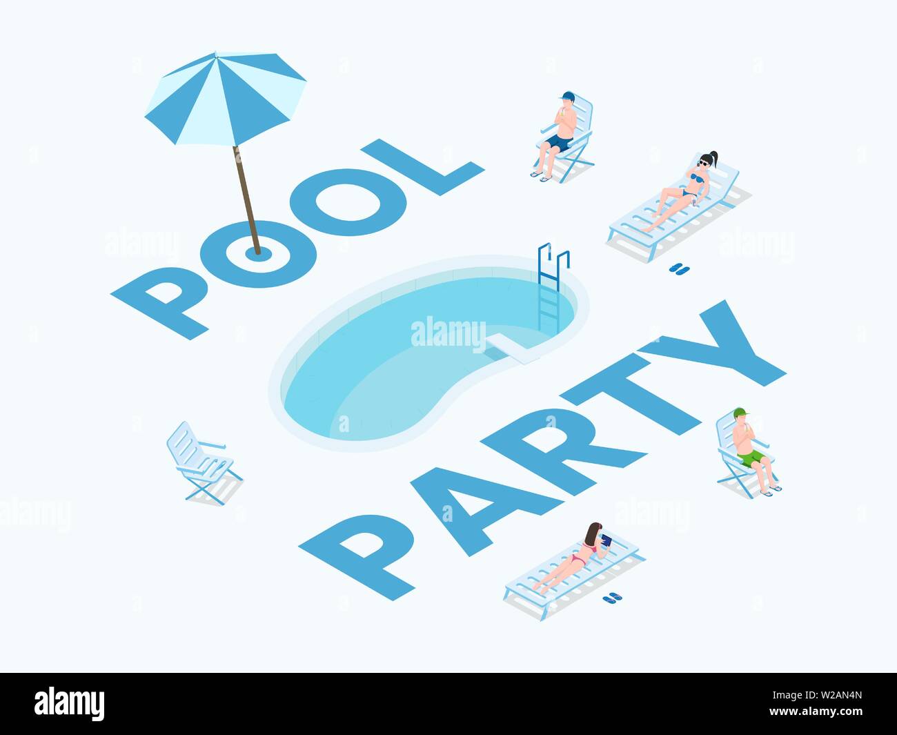 Im Sommer flach banner Vektor Vorlage. Sommer Saison Ereignis, tropischen Outdoor Freizeitaktivitäten Plakat Konzept. Touristen Sonnen in der Nähe von Pool isometrische Vector Illustration mit Typografie Stock Vektor