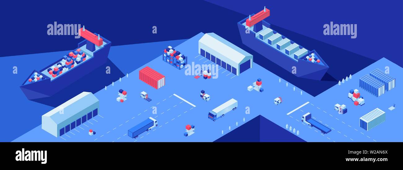 Liefer- Dock isometrische Flachbild Vector Illustration. Versand Transport, Import und Export, maritime Lieferservice. Logistikdrehscheibe, Frachtschiffe mit Containern im Hafen, Hafen Stock Vektor