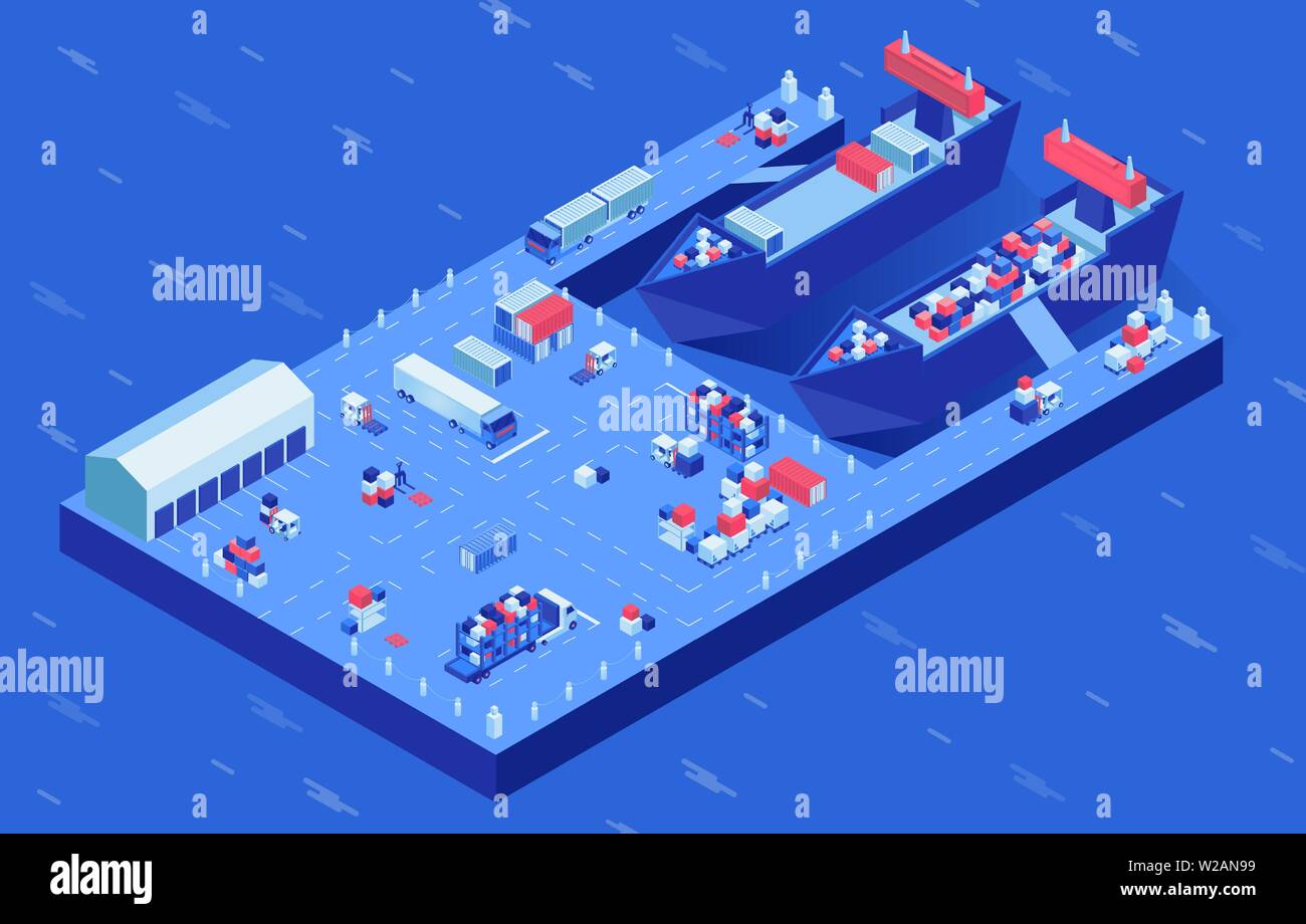 Tanker im Hafen isometrische Vector Illustration. Industrielle Schiff verladen, Schifffahrt und Transport in Docks. Die Containerschifffahrt, Import und Export, Versand Storage Service Stock Vektor