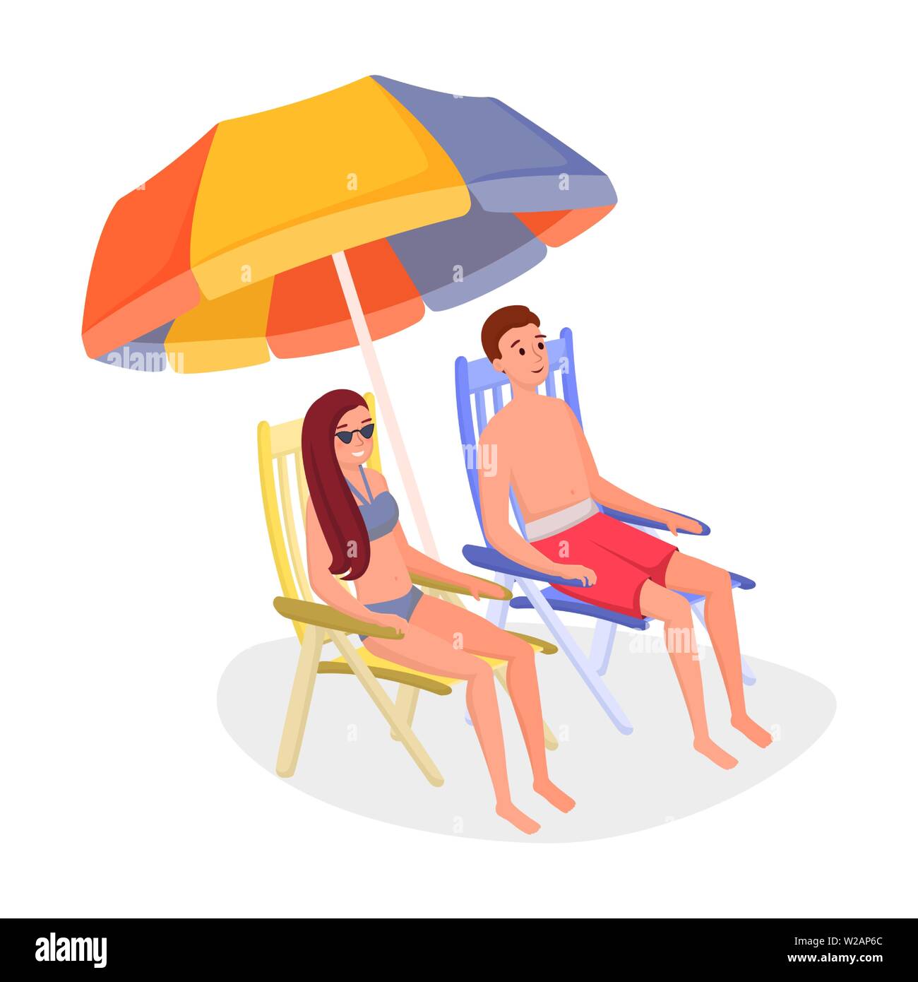 Sitzung unter dem Dach an einem heißen Tag. Sonnenbaden am tropischen Strand mit Freund, Ehemann flachbild Vector Illustration. Sommer Urlaub, Urlaub auf der tropischen Insel, Seashore cartoon Konzept Stock Vektor