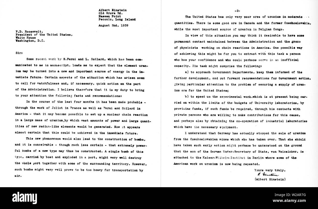 Der Einstein-szilárd Brief war ein Brief von leó Szilárd, Albert Einstein, das unterzeichnet wurde, wurde der Präsident der Vereinigten Staaten Franklin D. Roosevelt am 2. August 1939 übermittelt. Von Szilárd in Absprache mit anderen ungarischen Physiker Edward Teller und Eugene Wigner, der Brief davor gewarnt, dass Deutschland Atombomben entwickeln könnte und schlug vor, dass die Vereinigten Staaten ihre eigenen nuklearen Programm starten sollten. Stockfoto