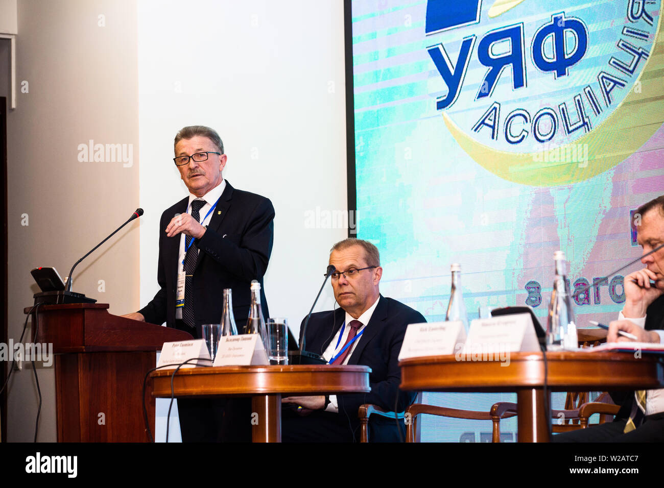 Ukraine State nuclear power generator EnergoAtom stellvertretender Vorsitzender Vladimir Pyshny spricht am 10. Ukraine Nuclear Forum, 3 Juli 2019 Kiev Premier Palace. Stockfoto