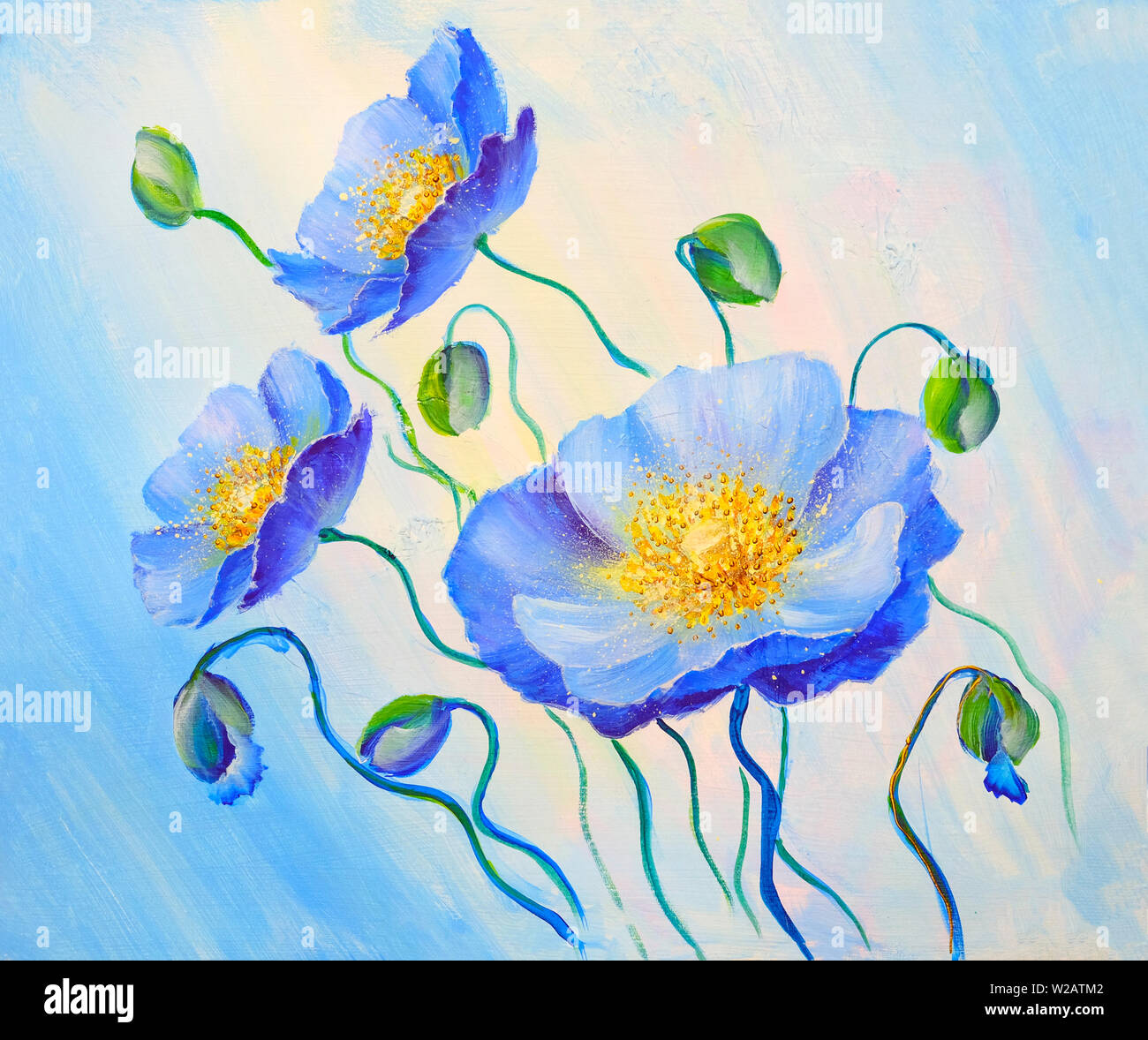 Blauer Mohn, Ölmalerei auf Leinwand. Hand gemalte Blumen Stockfoto