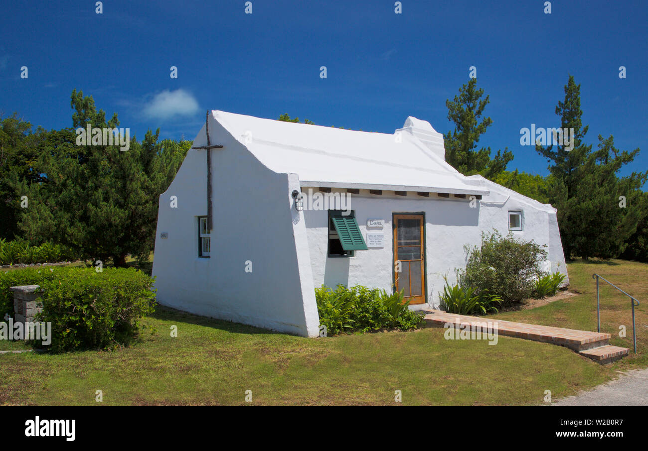 Eines der ältesten Gebäude in Bermuda, das charmante, funktional, winzige Kapelle, die der Öffentlichkeit für Dienstleistungen und Hochzeiten geöffnet ist. Stockfoto