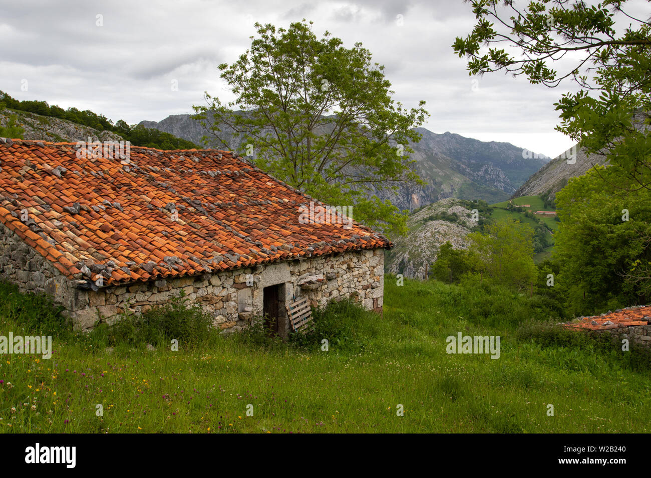 Alte landwirtschaftliche Gebäude über dem Bergdorf Befar im Nationalpark Picos de Europa, Spanien Stockfoto