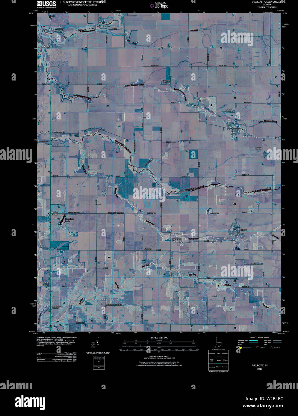 USGS TOPO Karte Indiana im Mellott 20100610 TM invertiert Wiederherstellung Stockfoto