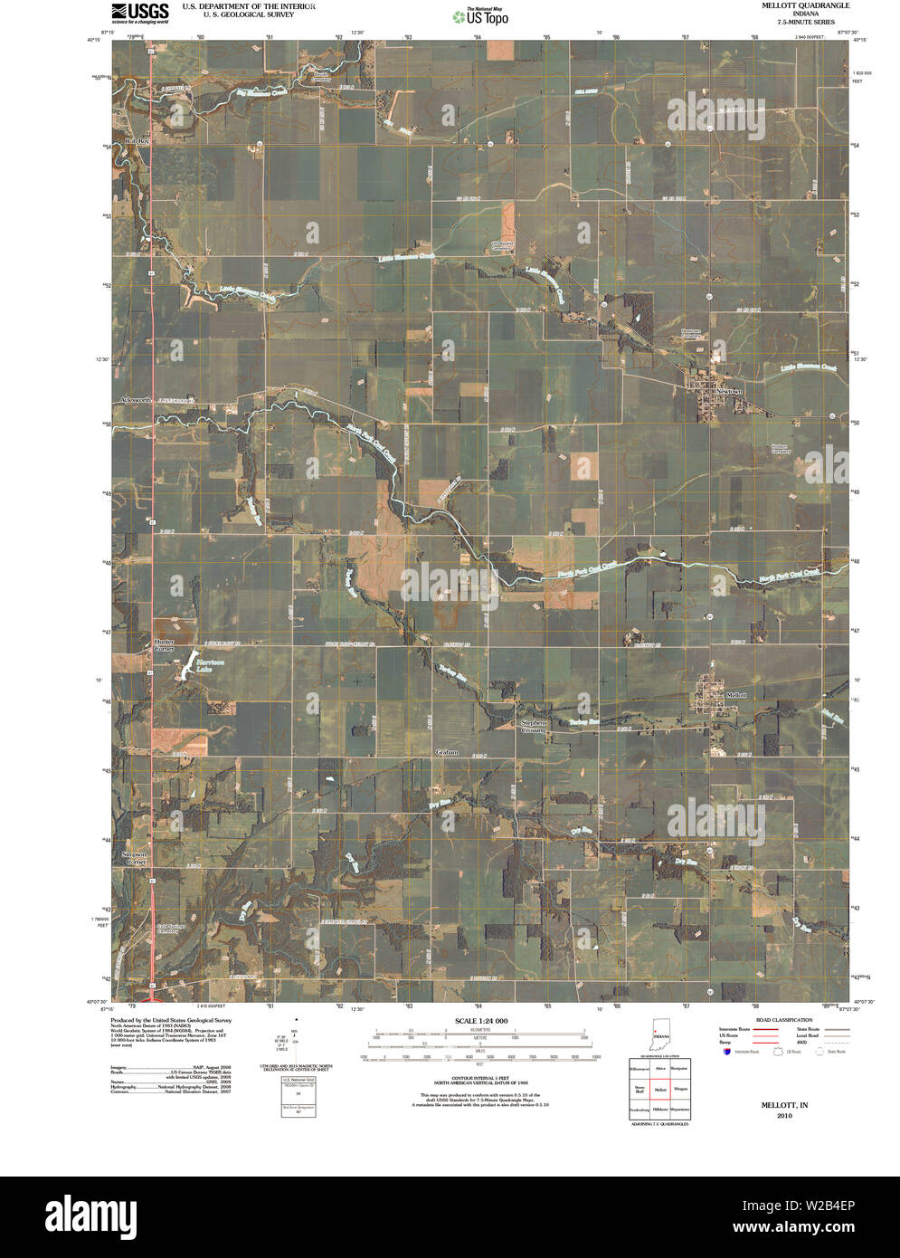 USGS TOPO Karte Indiana im Mellott 20100610 TM Wiederherstellung Stockfoto