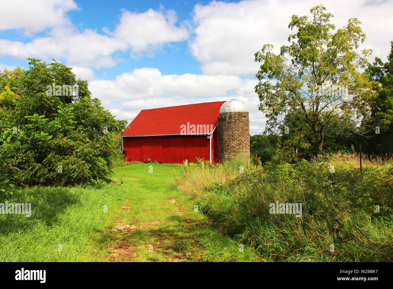 Schönen Sommer ländliche Landschaft mit Classic Red Barn zwischen Bäumen. Midwest USA, Wisconsin, Madison. Stockfoto