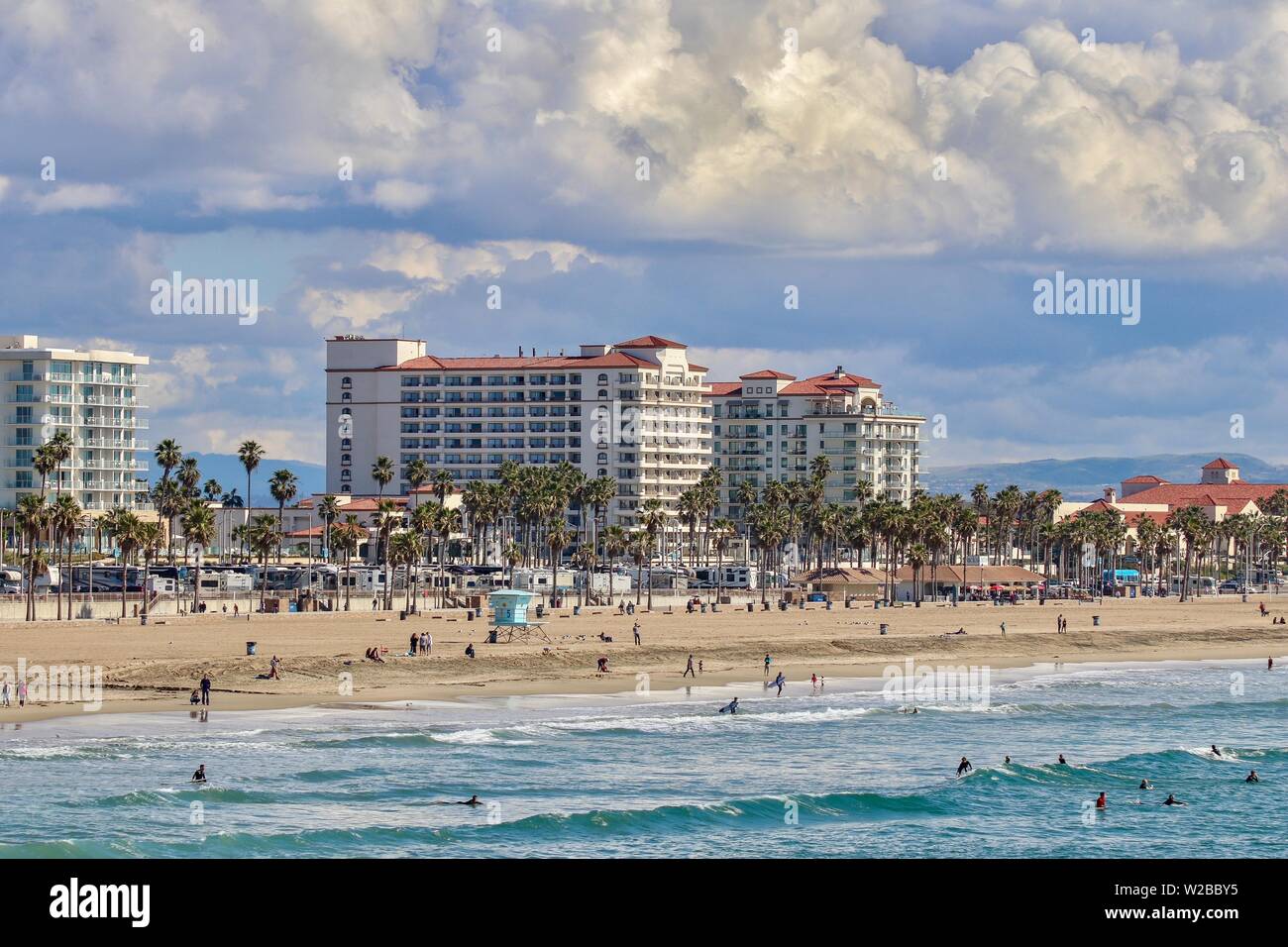 Huntington Beach Kalifornien Küste Übersicht hotels und der Strand Stockfoto
