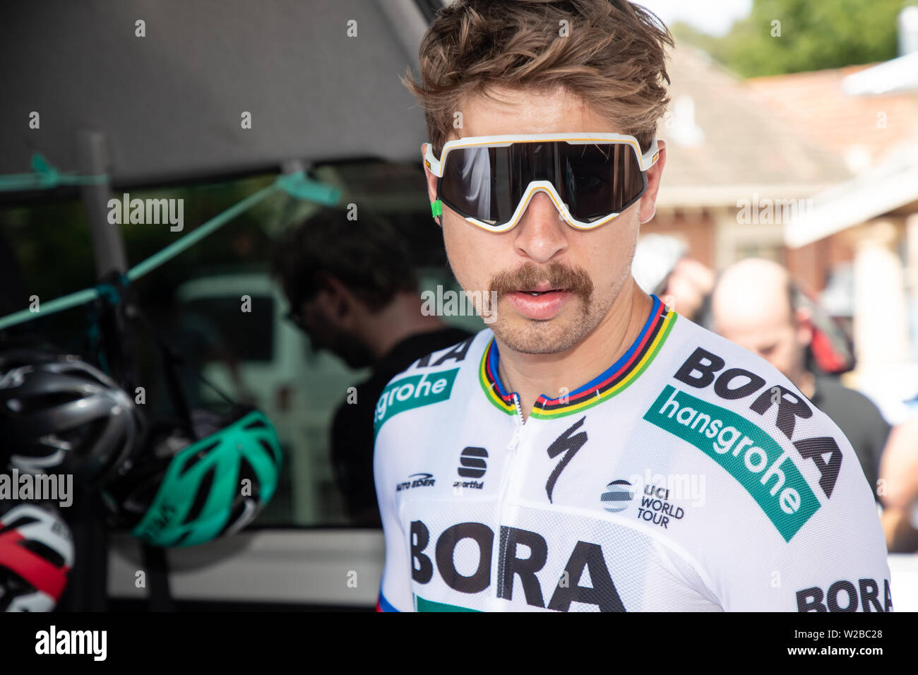 ADELAIDE, Australien - Januar 17. Peter Sagan der Slowakei und BORA - Hansgrohe zu Beginn der Stufe 3 von lobethal zu Uraidla der Santos Tour Down Stockfoto