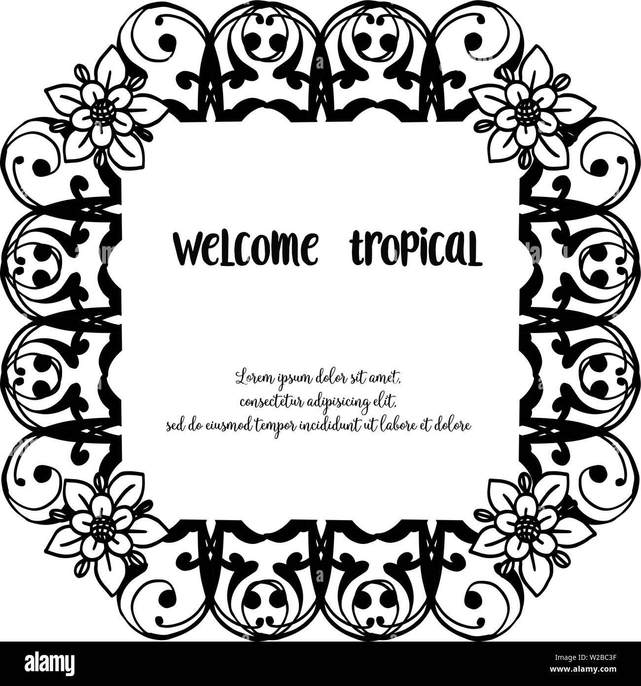 Vector Illustration Schablone Blume Rahmen für Design poster Wellcome tropischen Hand gezeichnet Stock Vektor