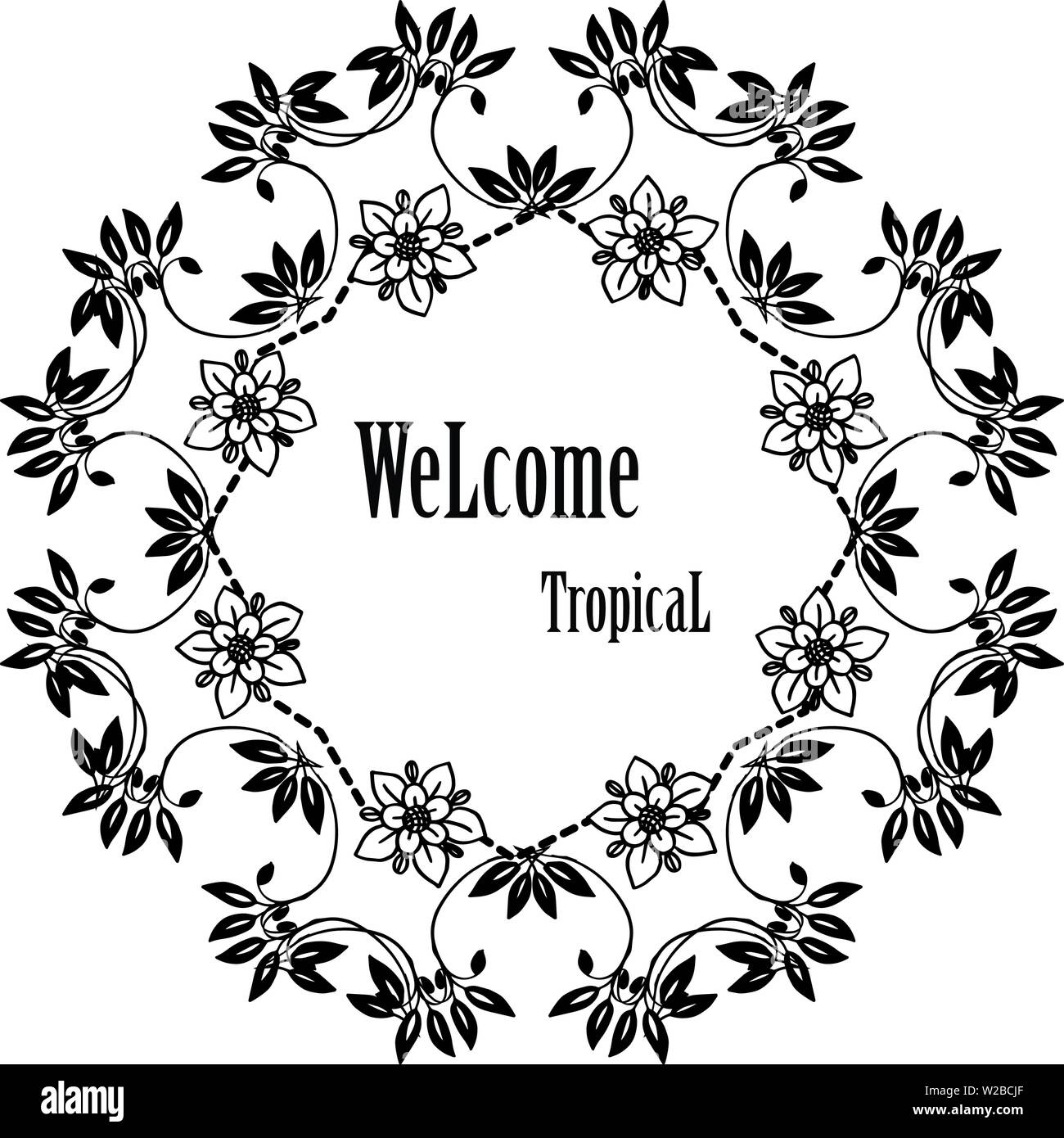 Vector Illustration design Blume Rahmen mit Schriftzug wellcome Tropical von Hand gezeichnet Stock Vektor