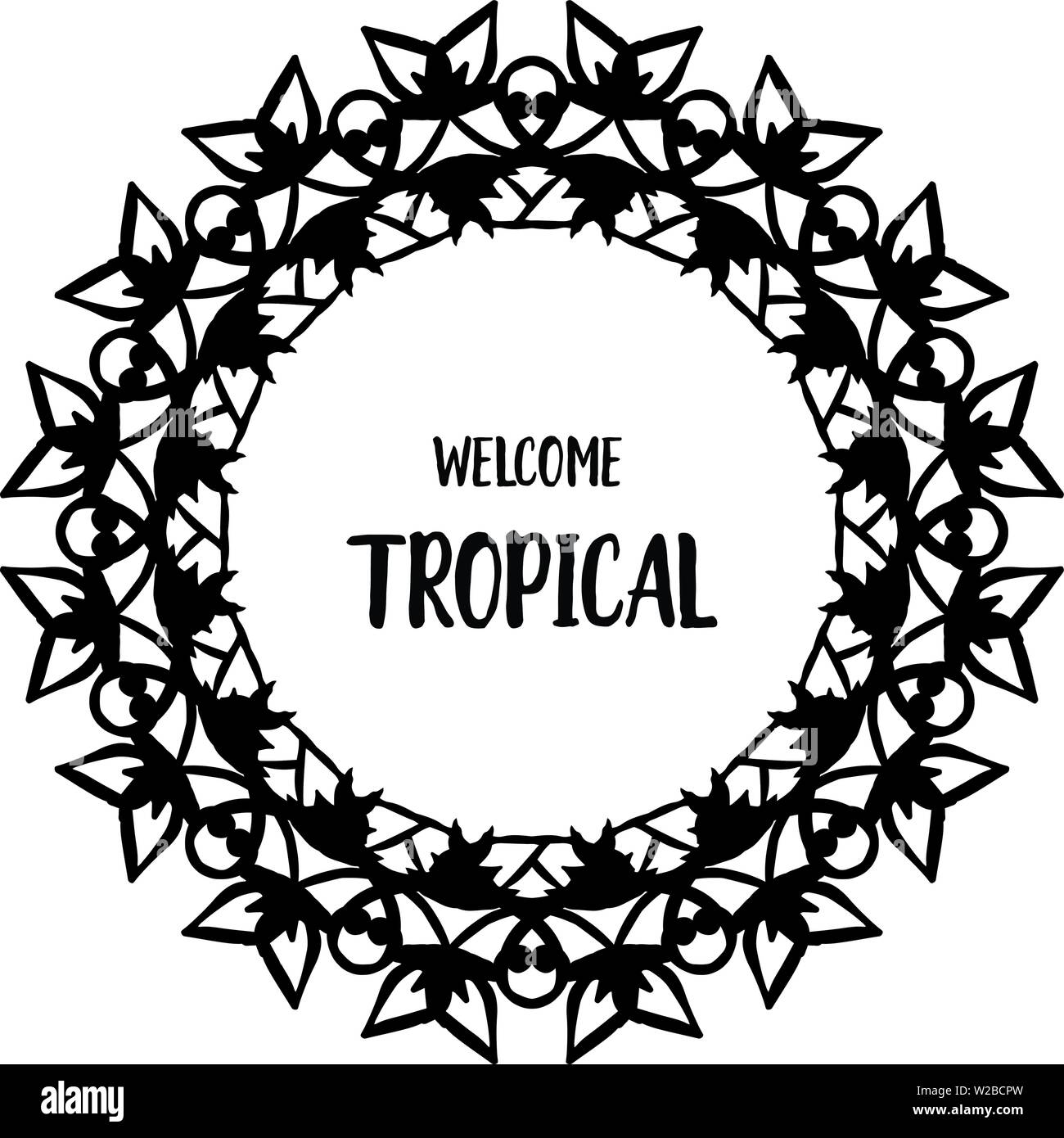 Vector Illustration design Blume Rahmen mit Schriftzug wellcome Tropical von Hand gezeichnet Stock Vektor
