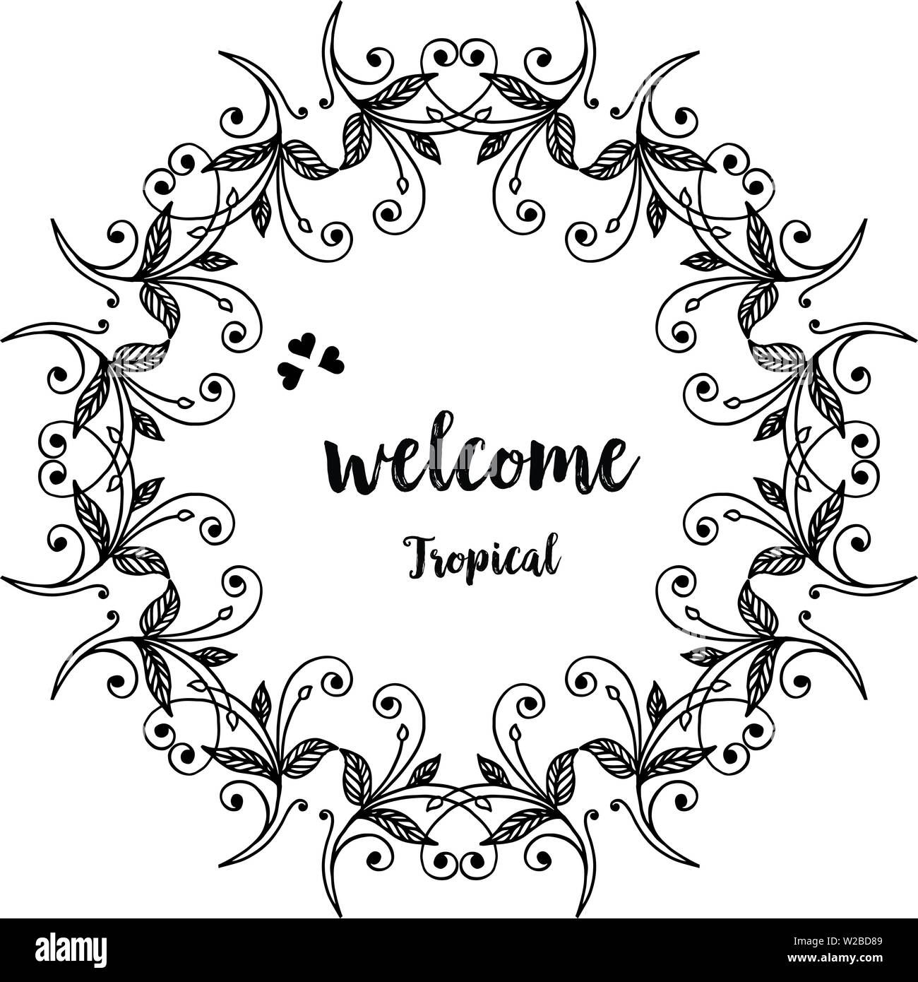 Vector Illustration Schriftzug wellcome tropisch mit Feder Blume Rahmen Hand gezeichnet Stock Vektor