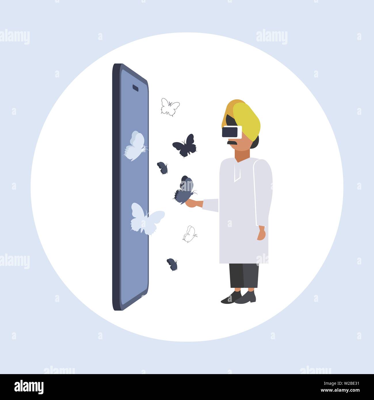 Arabische Mann mit digitalen Gläser arabischer Geschäftsmann berühren vr fliegenden Schmetterling der Bildschirm des Smartphones headset Vision virtual reality Technologie Stock Vektor