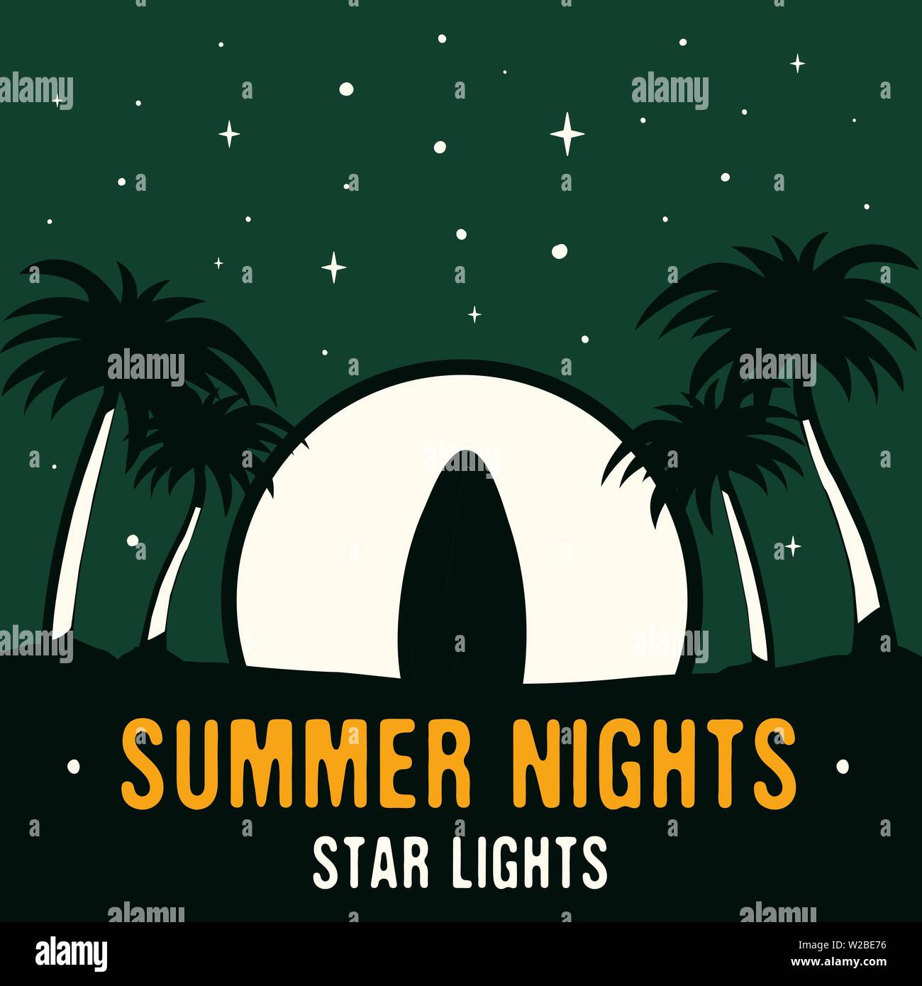 Vintage handgezeichnetes Surf- und Reisekonzept für Print. t-Shirt. Strand mit Palmen und Mond. Retro Sommer Hintergrund, ungewöhnliche Poster. Sommer Stock Vektor