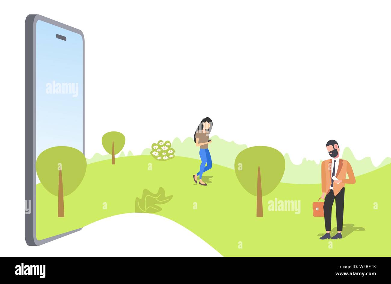 Paar mit Smartphones wandern outdoor Mann Frau Spaß im Sommer Park vom Bildschirm des Smartphones sucht Kommunikation Konzept online Mobile Stock Vektor