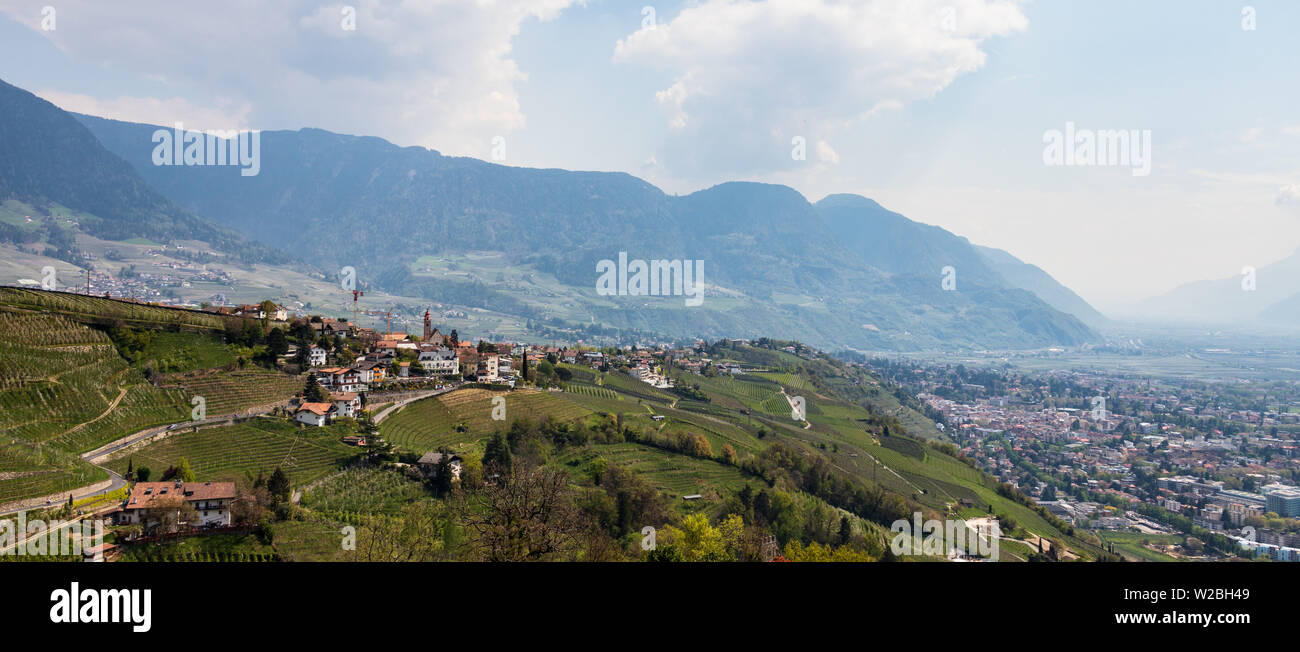 Panorama von Dorf Tirol, Dorf Tirol bei Meran im Meraner Land, mit Wein Plantagen und die Alpen im Hintergrund. Provinz Bozen, Südtirol, Italien. Europa. Stockfoto