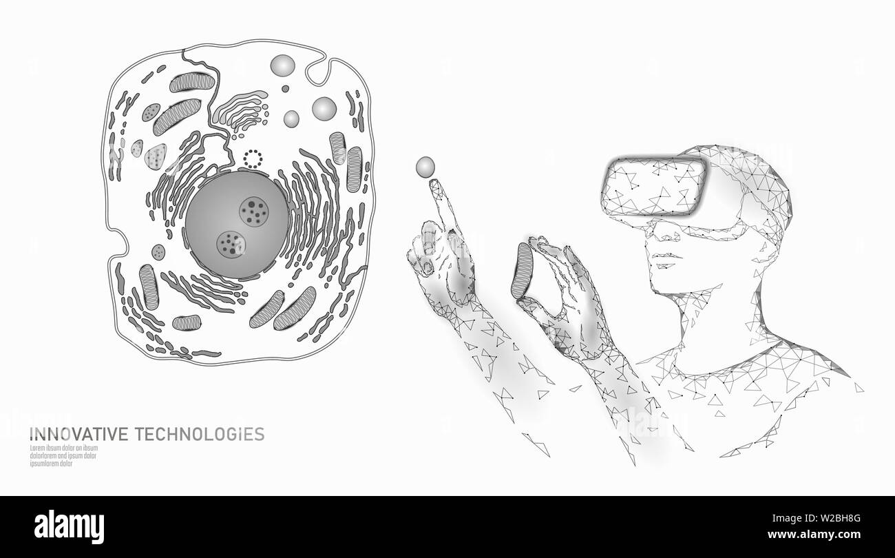 Die moderne Medizin virtuelle Realität Zelle Heilung. Künstliche Zelle 3D-Synthese Tier menschliche Designer Zelle Biochemie. Gvo-bioethik Lösungsvektor Stock Vektor