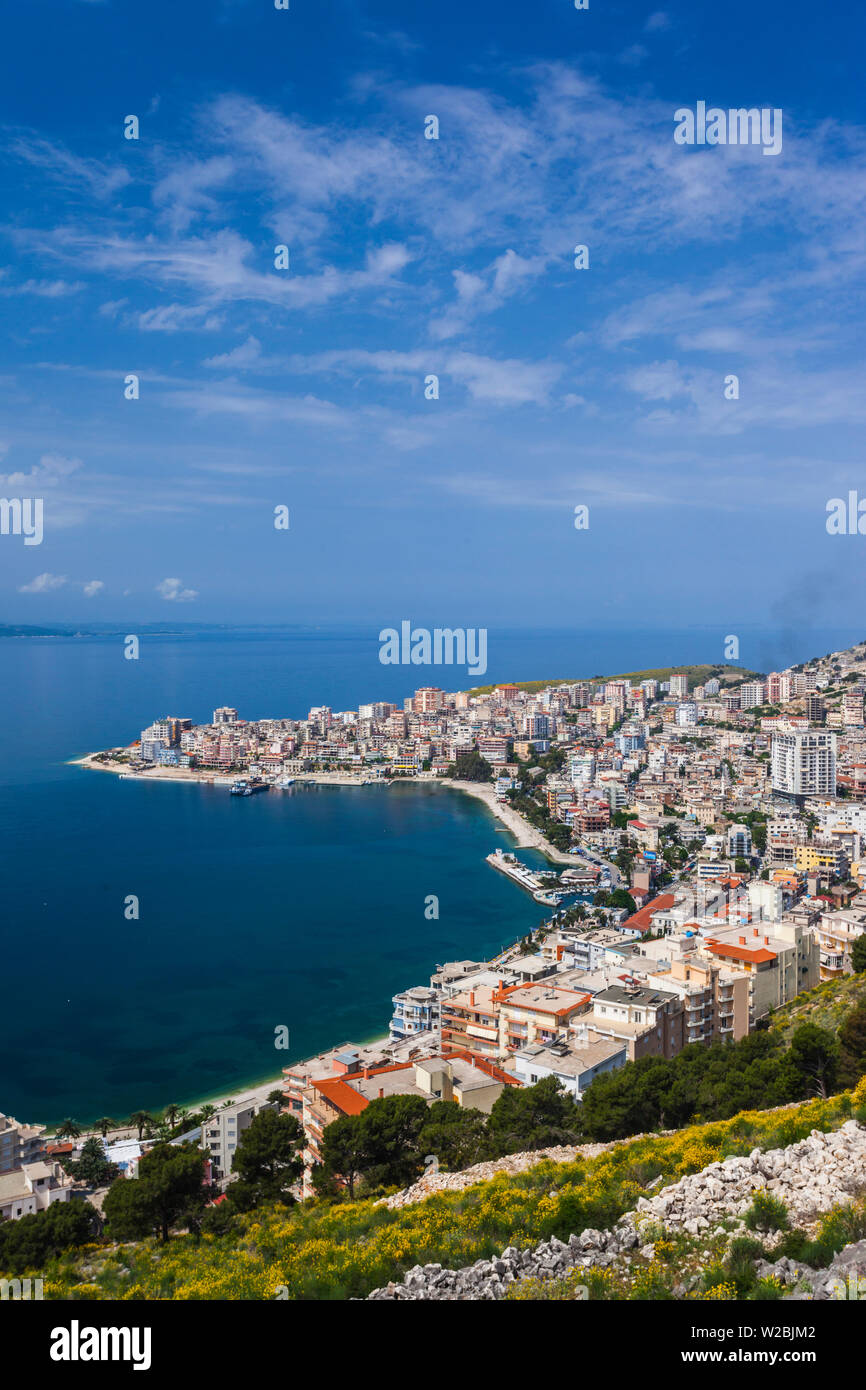 Albanien, albanische Riviera, Saranda, erhöhten Blick auf die Stadt Stockfoto