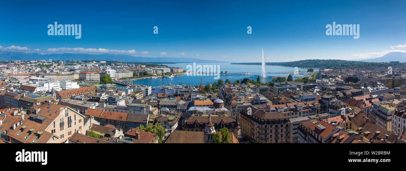 Jet d'Eau auf dem Genfer See und die Skyline der Stadt, Genf, Schweiz Stockfoto