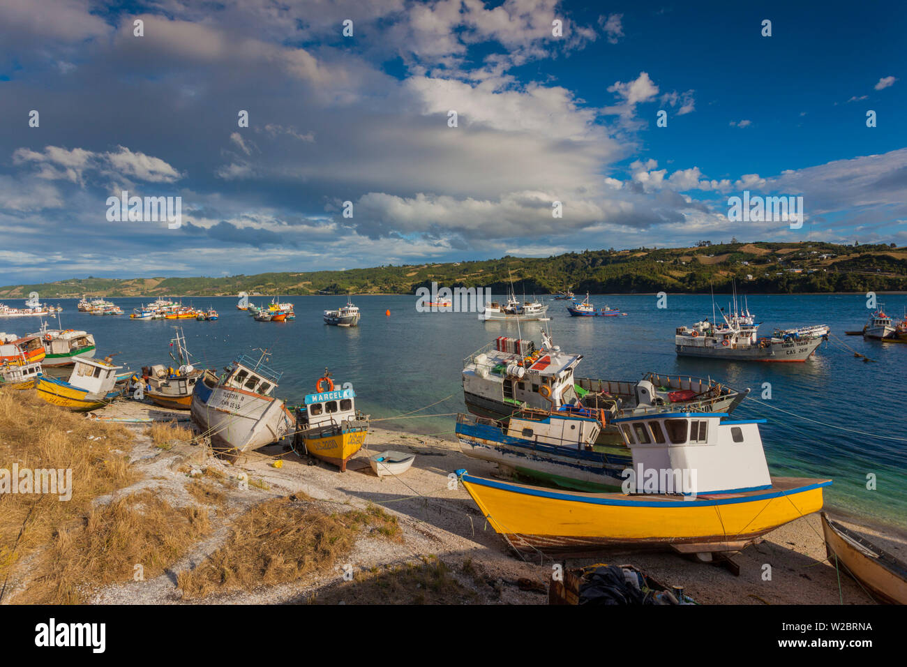 Chile, Chiloé Insel, Dalcahue, Angelboote/Fischerboote Stockfoto