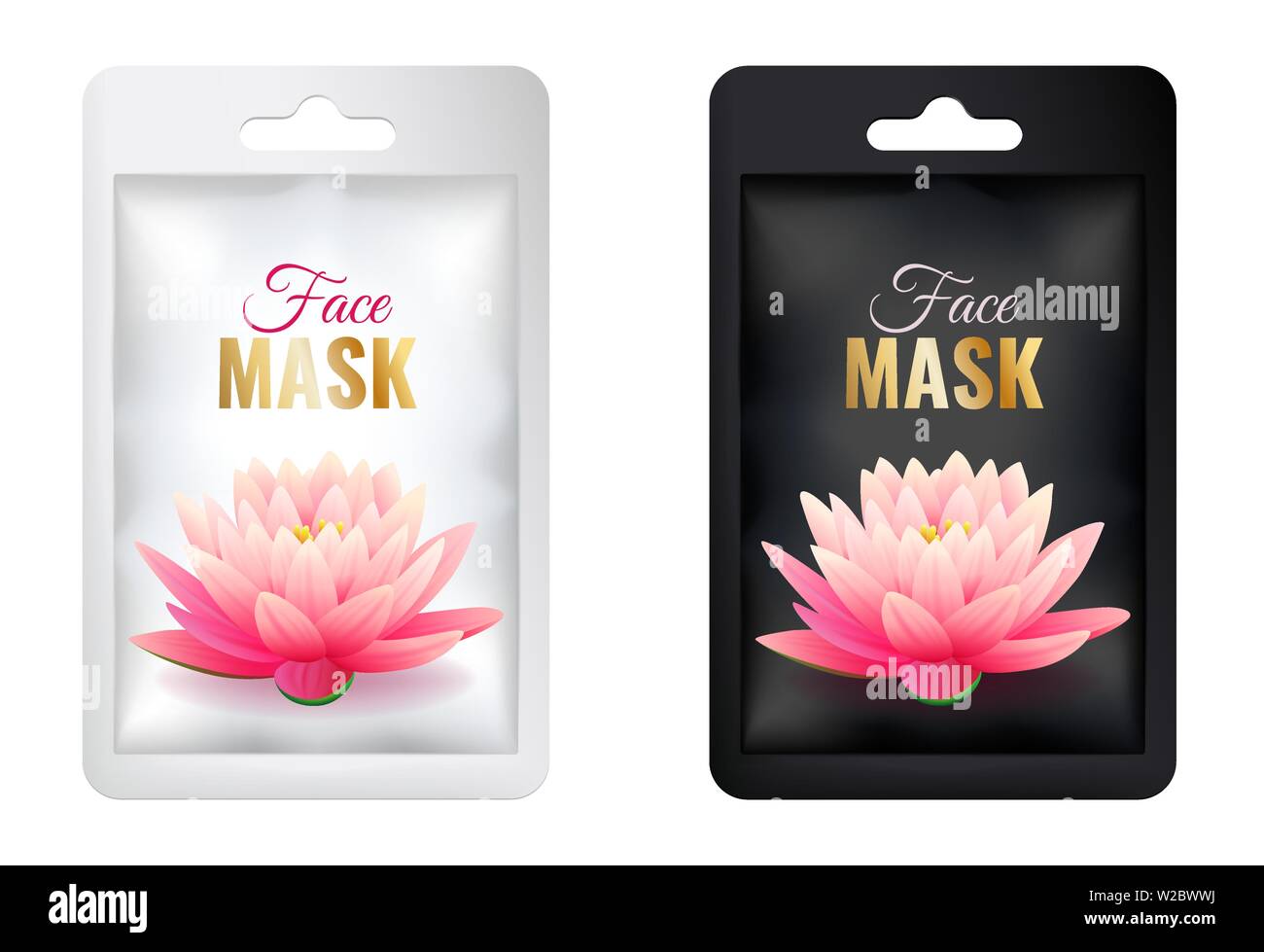 Weiß und Schwarz kosmetische Gesichtsmaske individuelles Paket mock up mit Pink Lotus Stock Vektor