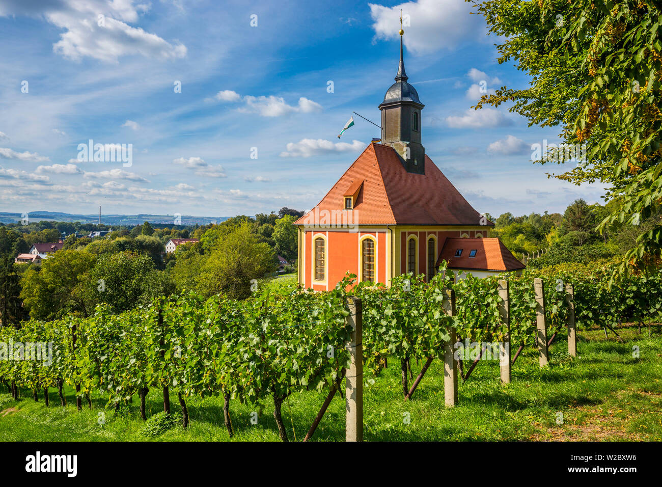 Kapelle und Weinberge in Pillnitz, in der Nähe von Dreden, Sachsen, Deutschland Stockfoto