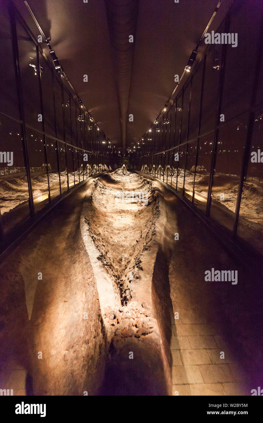 Dänemark, Fünen, Ladby, Vikingmuseum, 10. Jahrhundert Ladby Wikingerschiff Ruinen Stockfoto