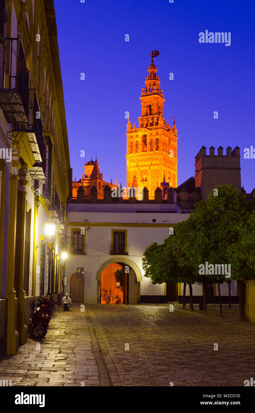 Spanien, Andalusien, Provinz Sevilla, Sevilla, Kathedrale von Sevilla, der Giralda Turm (La Giralda) vom Plaza del Patio de Banderas Stockfoto