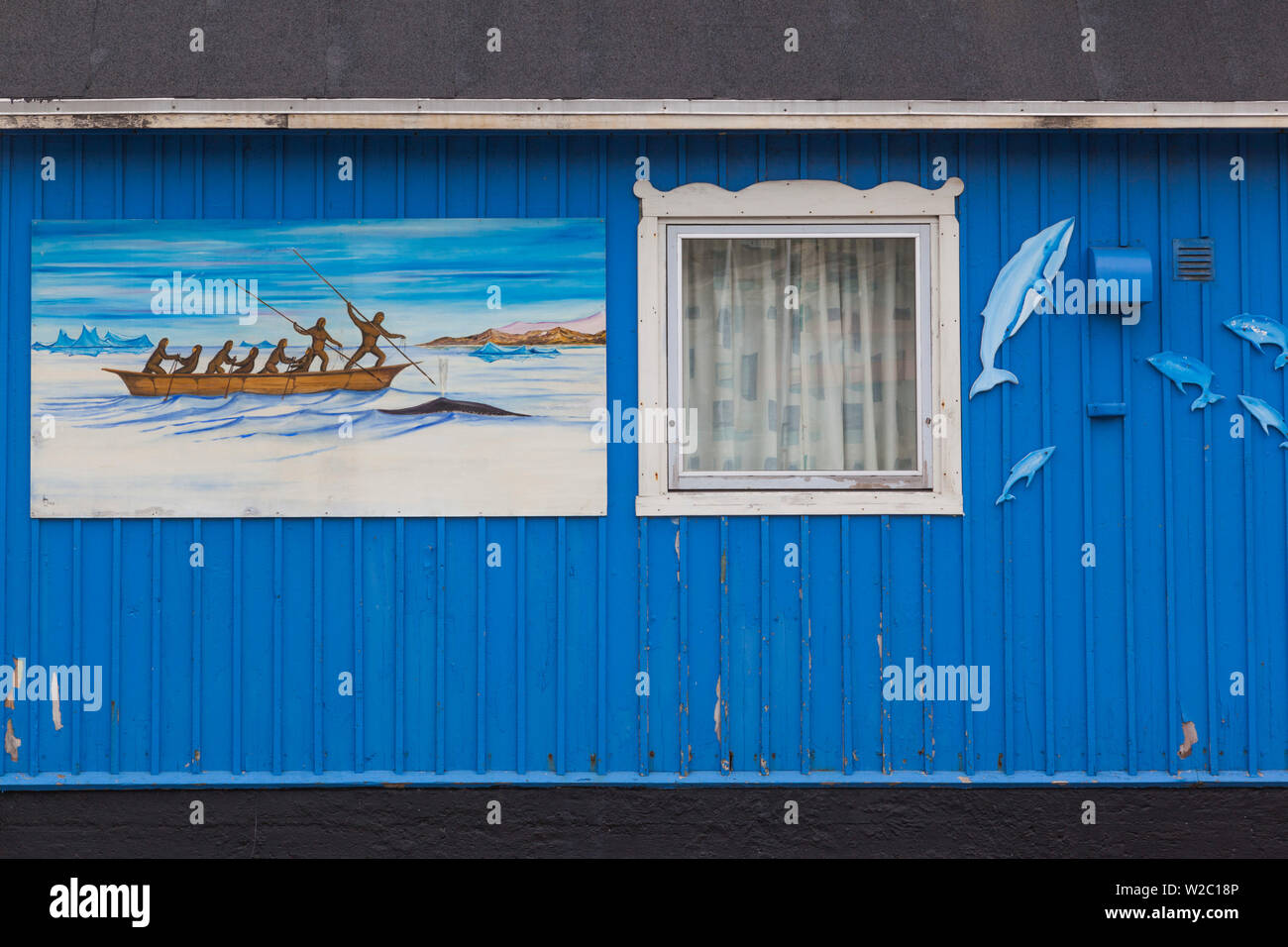 Grönland Qaqortoq, Wandgemälde von robbenjagd Stockfoto