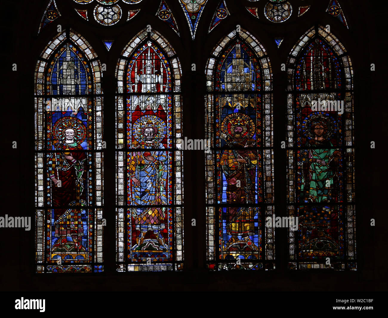 Einem Glasfenster L bis R Lothar, Louis, Louis; Karl der Jüngere, Strasbourg Kathedrale von Notre Dame Stockfoto