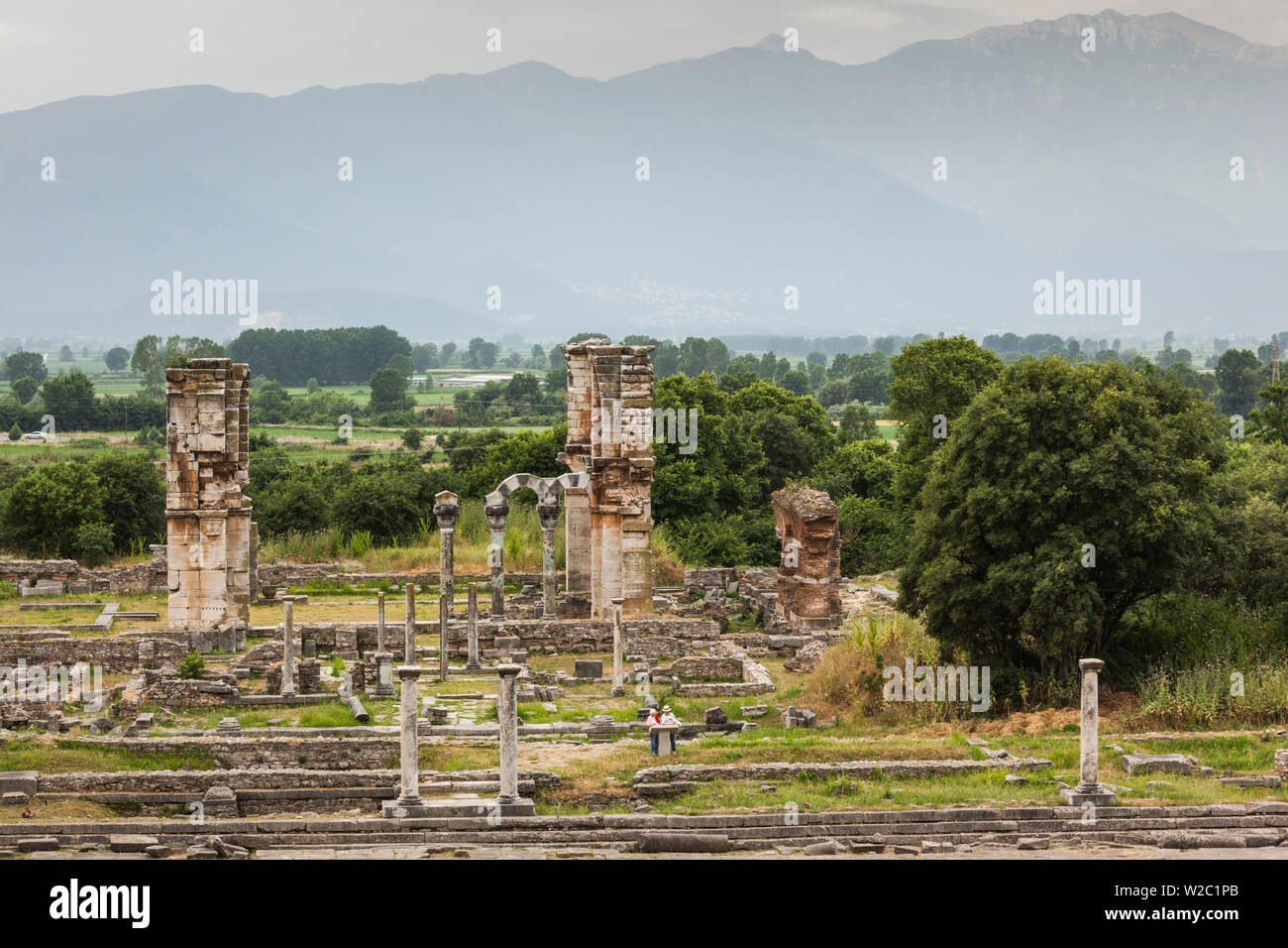 Griechenland, OstMazedonien und Thrace Region, Philippi, Ruinen der antiken Stadt gegründet 360 v. Chr. erhöhten Blick auf Basilika B Stockfoto