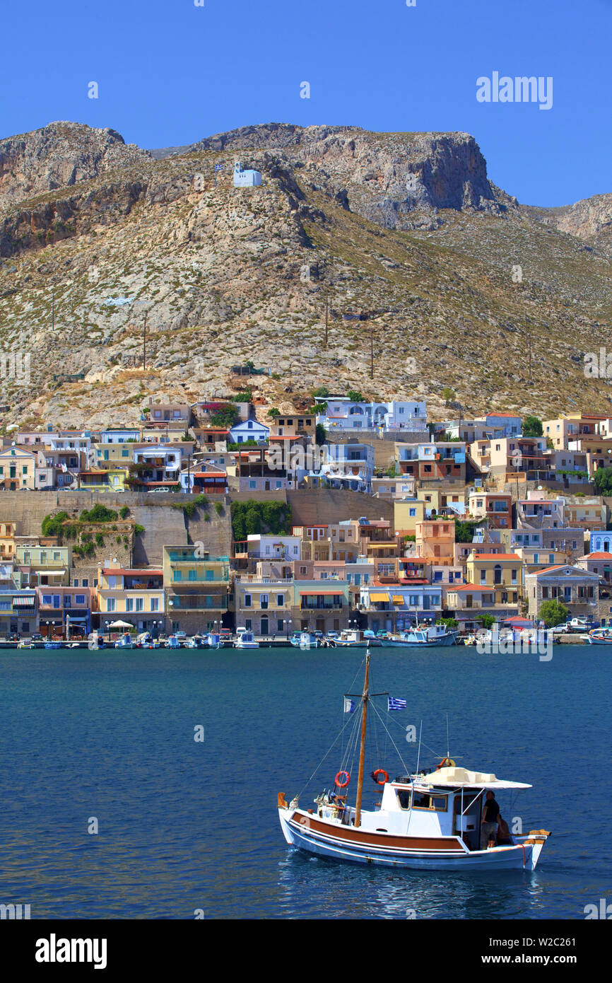 Angelboot/Fischerboot im Hafen von Pothia, Kalymnos, Dodekanes, griechische Inseln, Griechenland, Europa Stockfoto