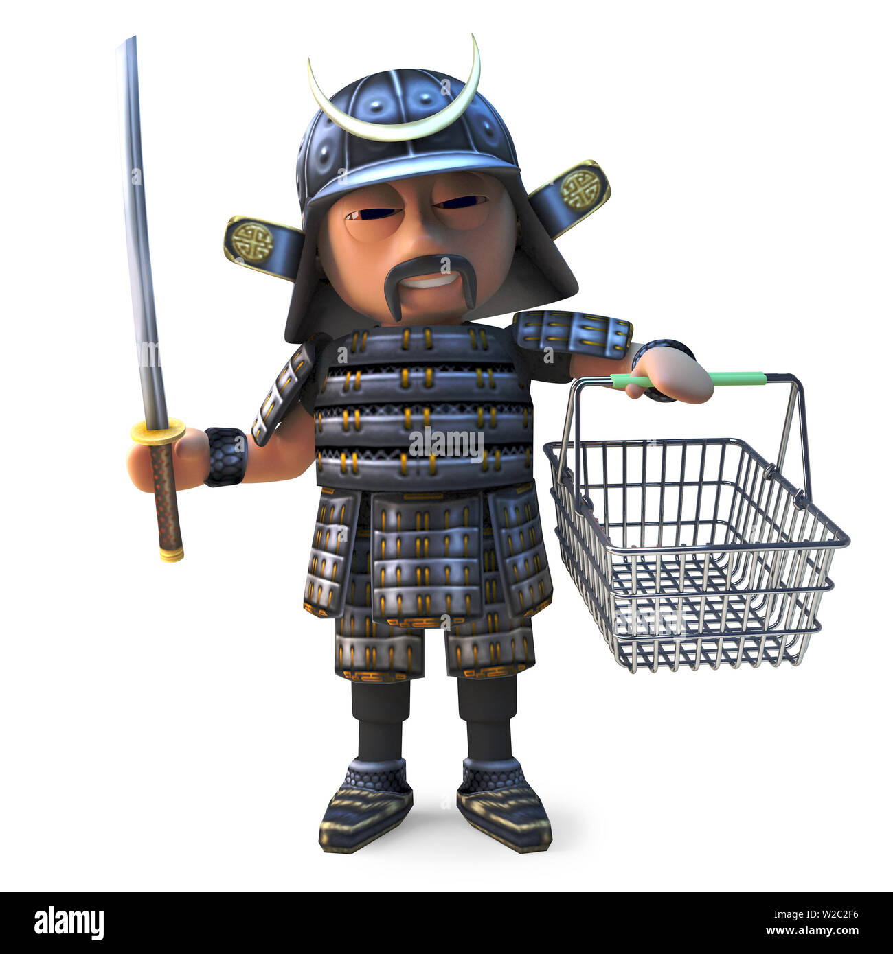 Brave japanische Samurai Warrior geht Einkaufen mit seinen Korb, 3d-Grafik rendern Stockfoto